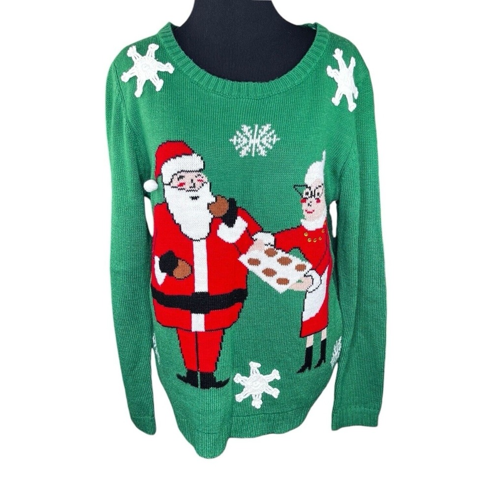 Christmas Ugly Sweater Woman's Santa Mrs Claus Cookies Green W Snowflakes Sz XL